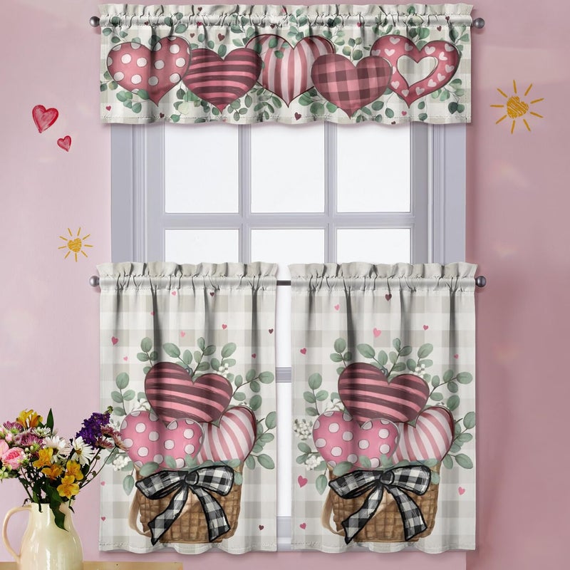 Xsinufn Valentines Day Kitchen Curtains Valances and Tiers 3 Piece Set,Eucalyptus Buffalo Plaid Love Hearts Farmhouse Rod Pocket Kitchen Cafe Curtain Over Sink Window for Autumn Decor 36 Inch (Pink) - Image 1